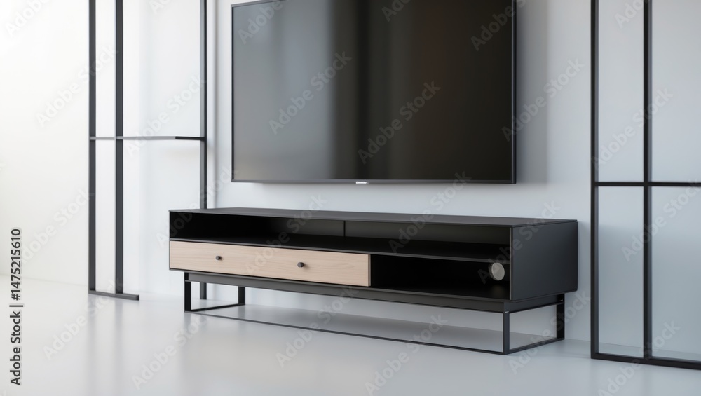 Fototapeta premium Sleek TV console that includes a storage drawer