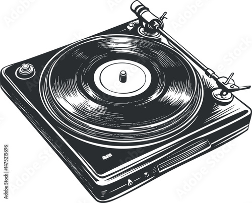 Black and white vector illustration of a vintage vinyl record turntable player with tonearm and spinning record