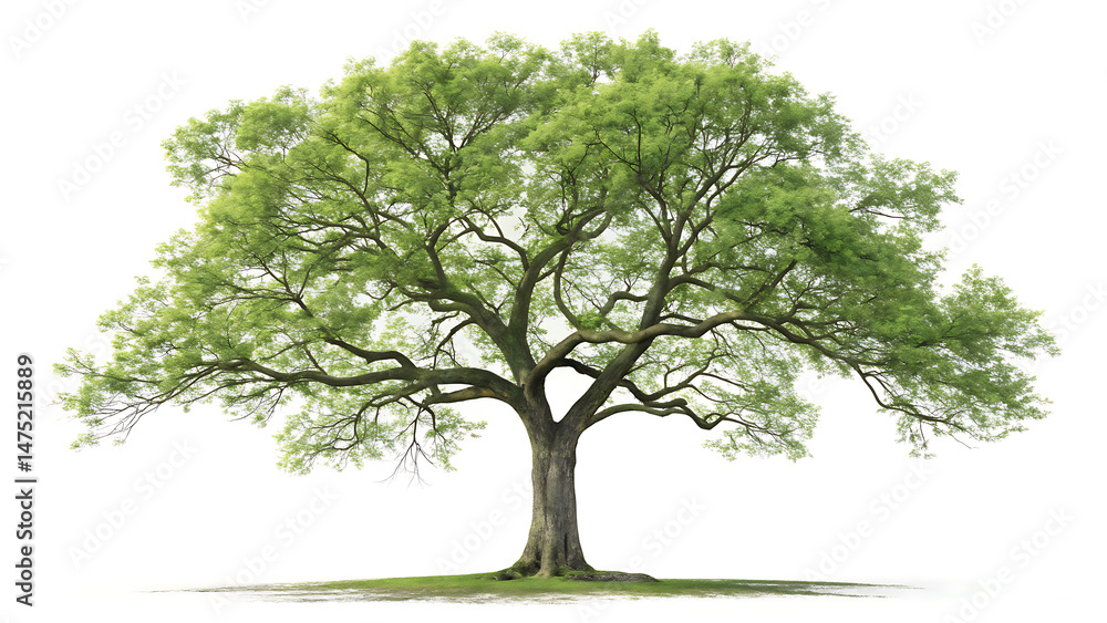 Obraz premium A large tree with green leaves and a thick trunk isolated on a white background in full sunlight created with generative ai