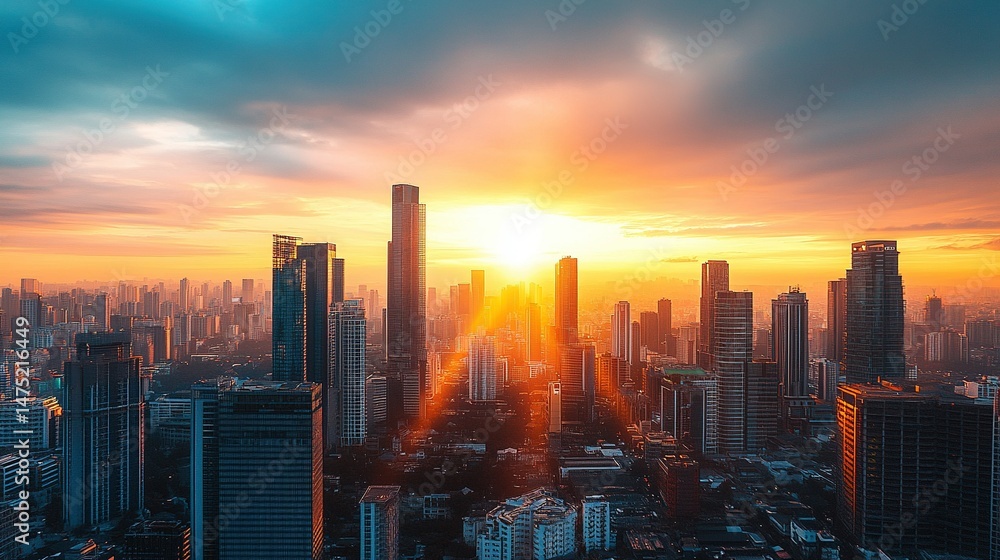 Fototapeta premium City skyline at sunrise, vibrant, soft light, horizon, warm glow, skyscrapers, DSLR camera, wide-angle lens, dawn, panoramic photography, golden-hour film.
