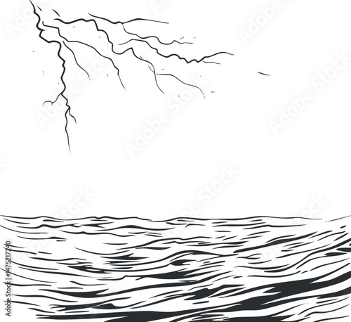 Black and white sketch illustration of calm ocean waves with ripples and flowing water surface.