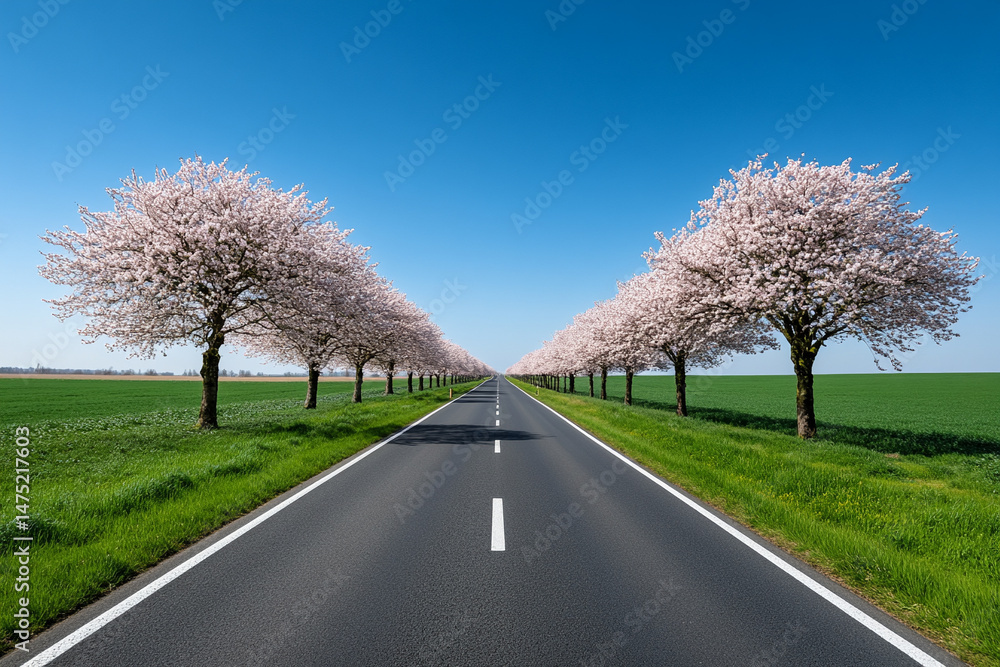 Fototapeta premium Peaceful countryside road lined with blooming cherry trees 
