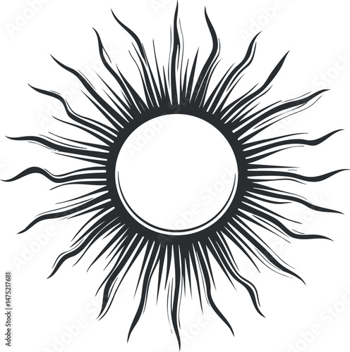 Black and white abstract sun illustration with radiant, wavy rays representing light and energy