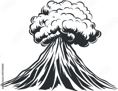 Black and white illustration of a volcano erupting with smoke and ash cloud rising from the crater
