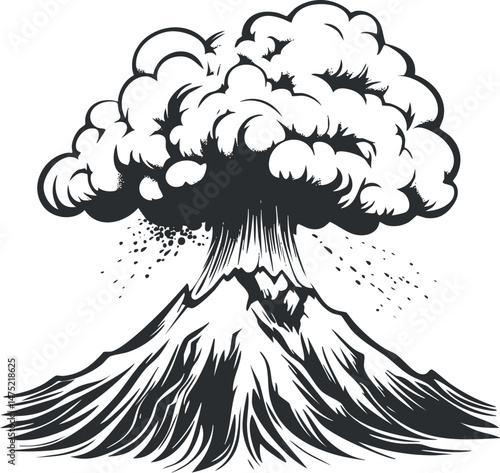 Black and white illustration of a volcano erupting with smoke and ash cloud rising above mountain peak