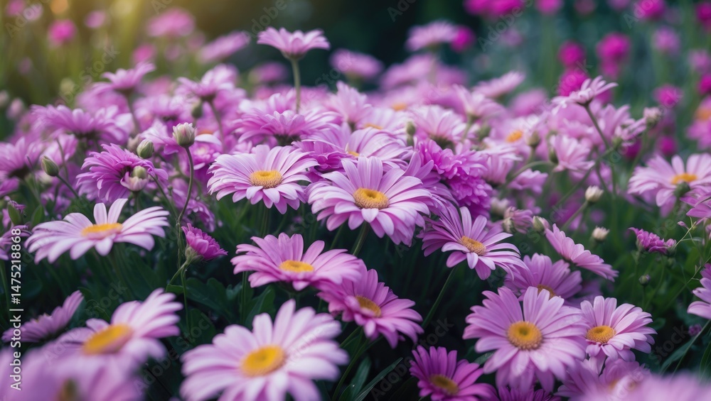 Garden bed featuring side view of charming light purple flowers with selective focus Garden bed featuring side view of charming light purple flowers with selective focus