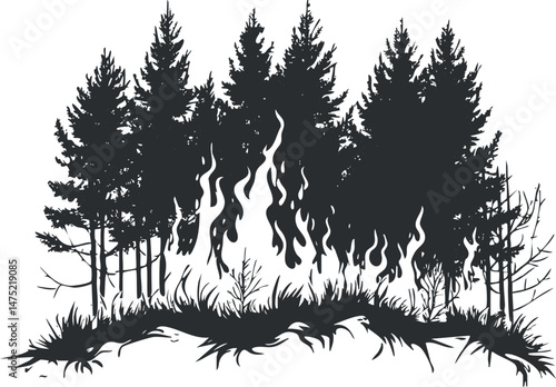 Silhouette of forest trees with flames depicting a wildfire burning in woodland area