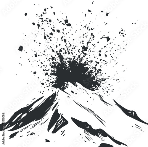 Black and white illustration of a volcanic eruption with ash and lava explosion on a mountain peak