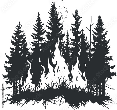 Silhouette of a forest with conifer trees engulfed in wildfire flames, symbolizing nature destruction and environmental hazard.