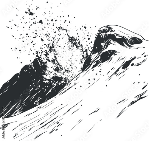 Black and white illustration of a volcanic eruption with ash and lava bursting from the mountain peak.