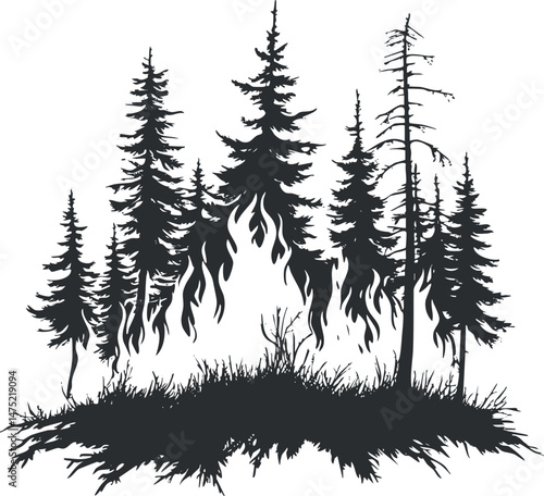 Silhouette of pine trees with fire in the forest representing wildfire and environmental destruction