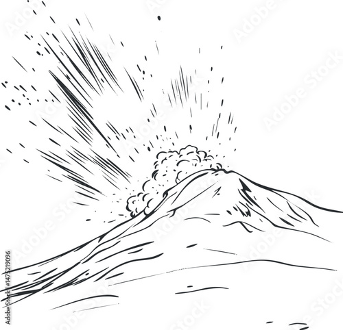Black and white illustration of a volcanic eruption with smoke and ash exploding from the mountain peak