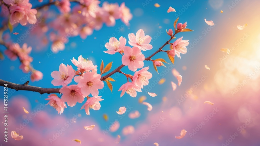 Pink cherry blossom branches with floating petals on a blue sky background, colorful spring banner with saturated tones in sunlight, serene springtime scene Pink cherry blossom branches with floating petals on a blue sky background, colorful spring banner with saturated tones in sunlight, serene springtime scene