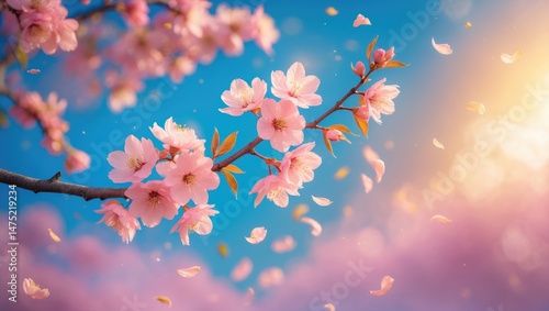 Pink cherry blossom branches with floating petals on a blue sky background, colorful spring banner with saturated tones in sunlight, serene springtime scene