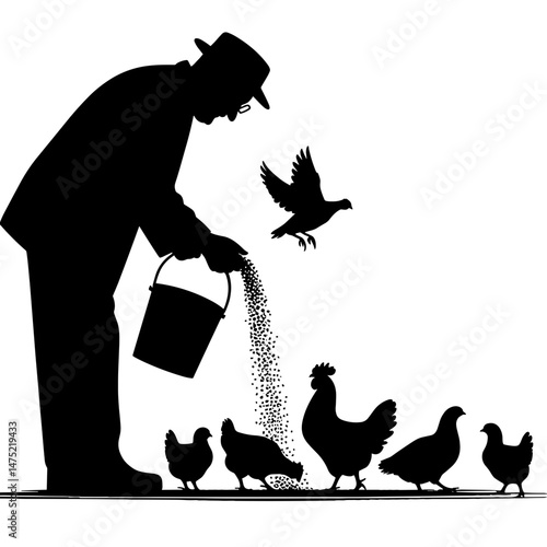 Person feeding chickens with bird in flight