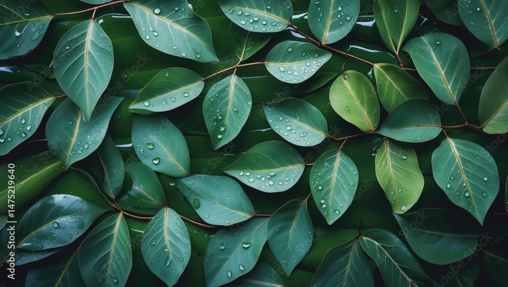 Obraz premium Raindrop and dew-laden leaves forming a textured pattern in a flat lay top view