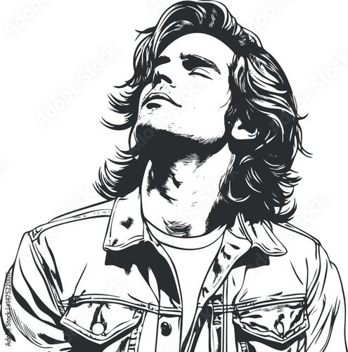 Black and white illustration of a young man with long hair wearing a denim jacket looking upwards with a relaxed expression.