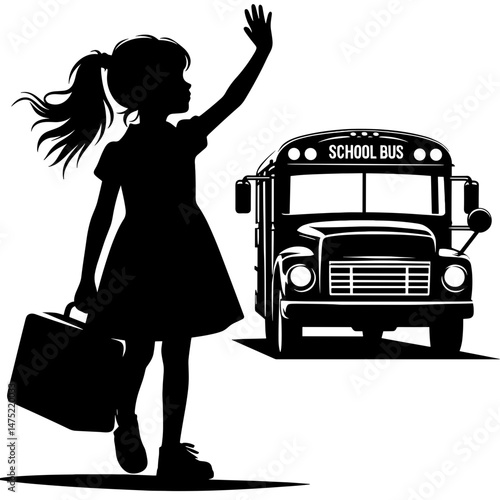 Girl waving next to school bus