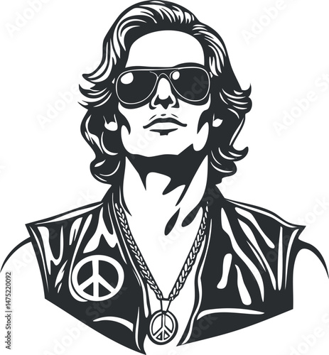 Black and white illustration of a stylish man wearing sunglasses, a vest, and peace sign accessories