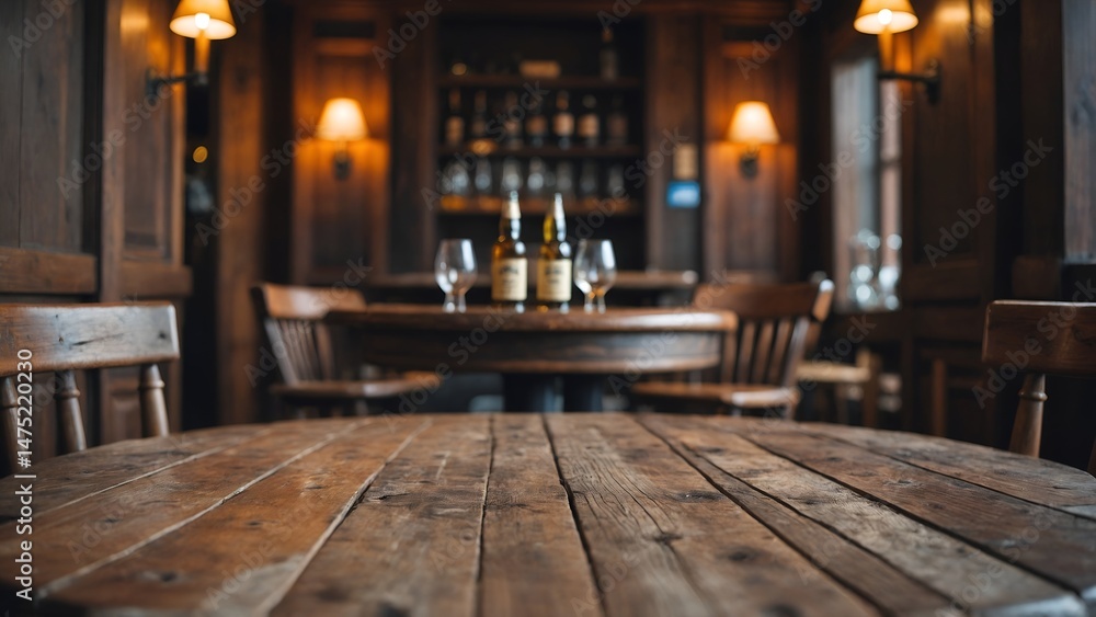 Fototapeta premium Rustic Wooden Table in Cozy Bar Setting with Ambient Lighting