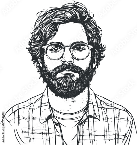 Detailed black and white sketched portrait of a young man with beard glasses and checkered shirt