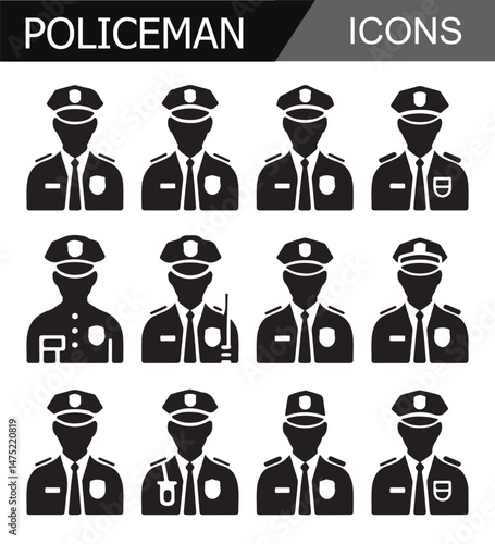 Set of police officer icons in uniform, representing law enforcement, security, and public service in a minimalist black design.