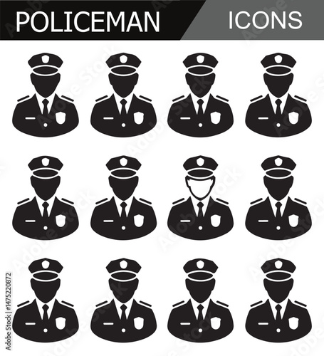 Set of police officer icons in uniform, representing law enforcement, security, and public service in a minimalist black design.