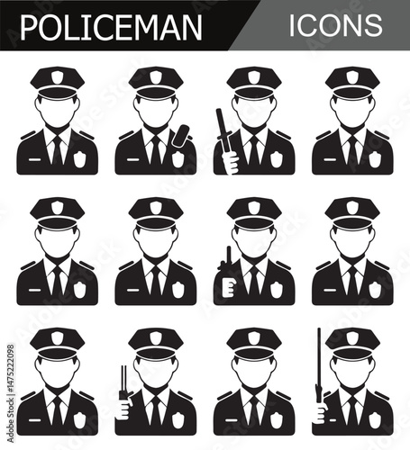 Set of police officer icons in uniform, representing law enforcement, security, and public service in a minimalist black design.