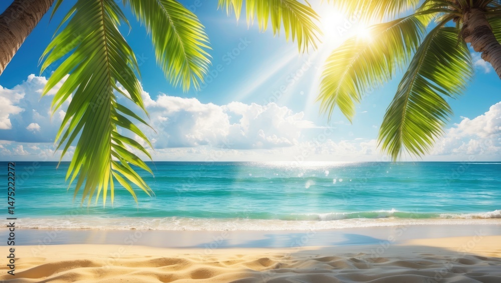 Fototapeta premium Beach vacation setting with a summer background, palm trees, blue sea, and sunlight, complemented by a stylish frame.