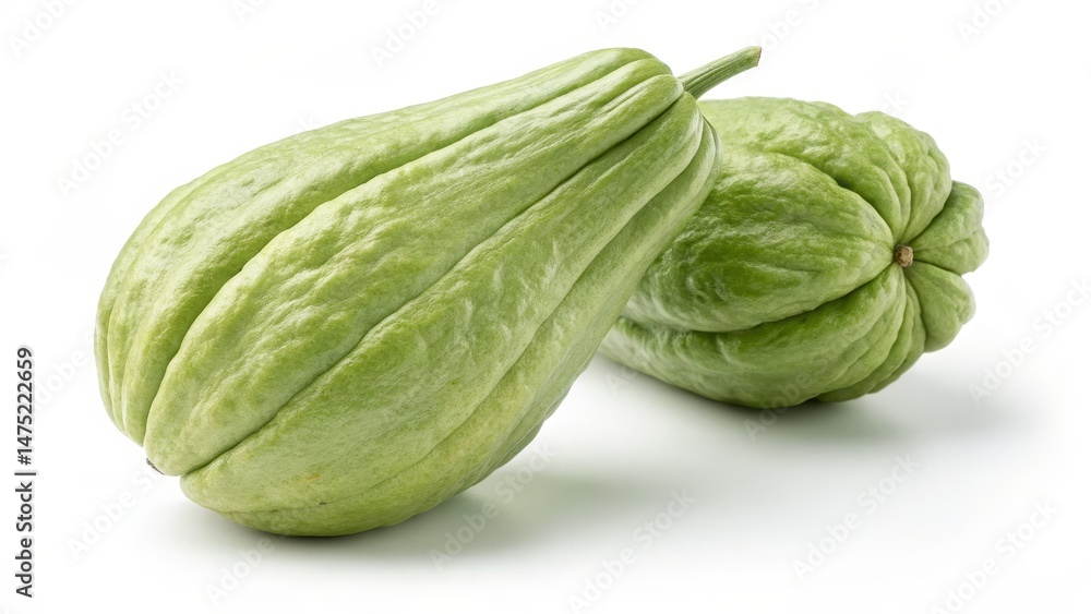 Two Chayotes, Close-up Studio Shot, White Background, Fresh Produce, Healthy Food chayote, vegetable Two Chayotes, Close-up Studio Shot, White Background, Fresh Produce, Healthy Food chayote, vegetable