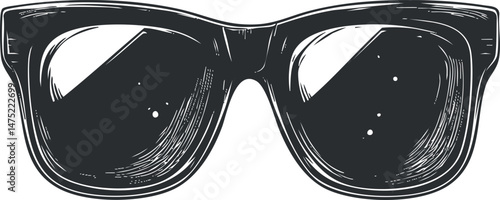 Black vintage sunglasses illustration with detailed shading and reflections on lenses
