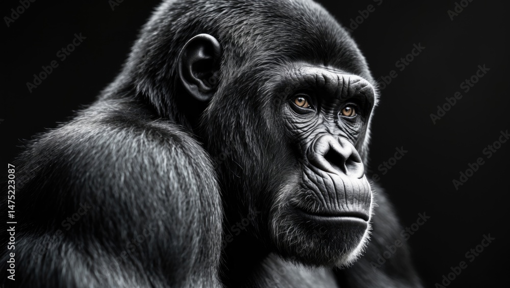 Obraz premium Monochrome animal portrait featuring a contemplative chimpanzee