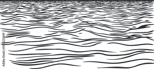 Black and white abstract illustration of ocean water surface with flowing waves and ripples pattern