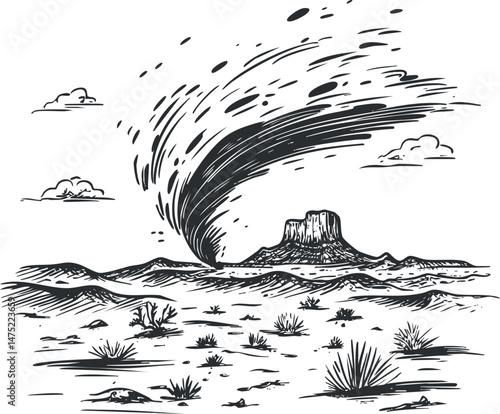 Black and white sketch of a tornado twisting through a dry desert landscape with scattered bushes and clouds