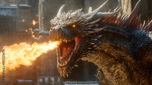 Wallpaper Mural Majestic Dragon Breathing Fire Close Up Fantasy Creature in Winter Landscape Mythical Beast Action Torontodigital.ca