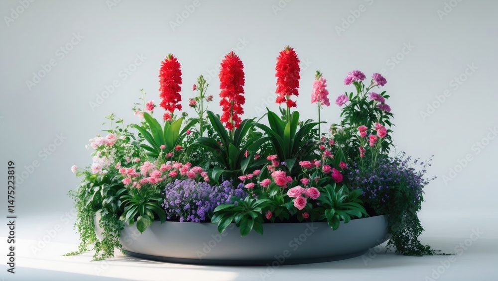 Fototapeta premium Different types of flowers in a flower bed set on a white background