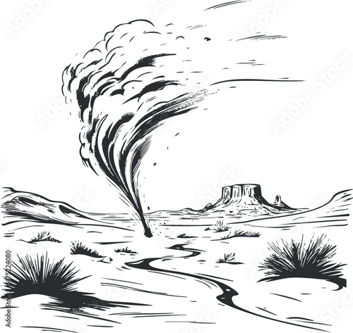 Black and white illustration of a tornado swirling dust and debris over a dry desert landscape with sparse vegetation and distant mesas.