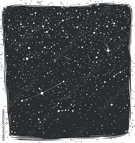 Black and white starry night sky with scattered stars and constellations framed by an abstract border