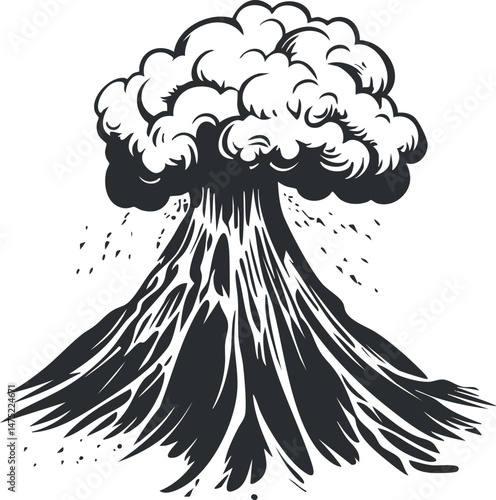 Black and white illustration of a volcanic eruption with smoke, ash, and lava flowing down the mountain