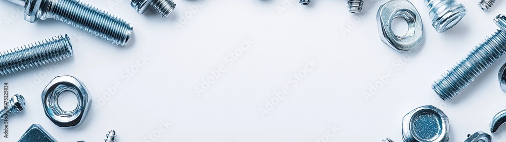 Metal bolts, nuts, and screws arranged on a white background. Metal bolts, nuts, and screws arranged on a white background.
