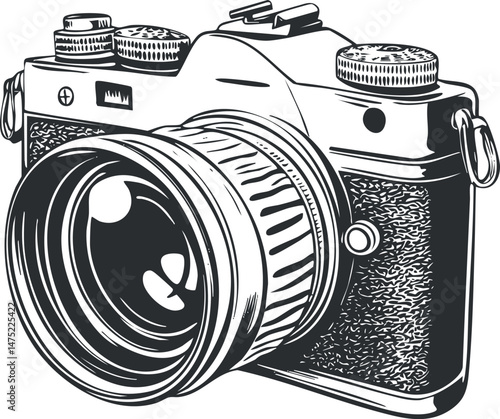 Black and white illustration of a vintage camera with detailed lens and controls for photography enthusiasts.