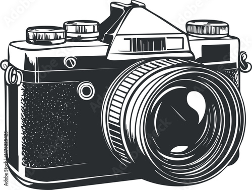 Black and white illustration of a vintage analog camera with a detailed lens and controls