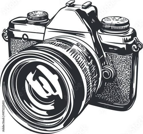 Black and white vintage camera illustration with detailed lens and body design