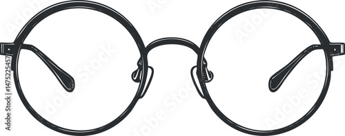 Closeup of round eyeglasses with thin metal frame isolated on white background