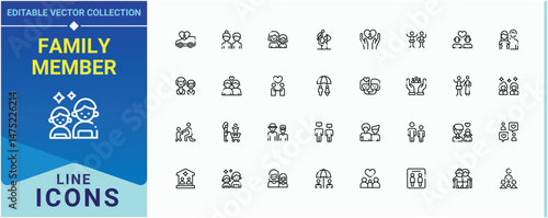 Family Member icon collection. Contains outline symbols like people, couple, man and more. Family People linear icon collection. Minimalist icons pack. Editable stroke. Vector collection.
