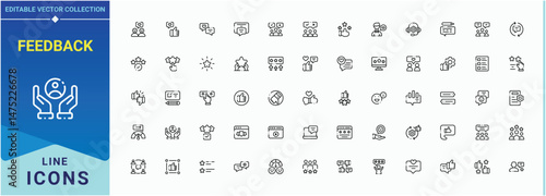 Feedback icon set. Review icon. Collection for mobile and web apps. Contains outline symbols like comment, opinion, review, emotion, survey, satisfaction. Editable stroke. Pixel Perfect.