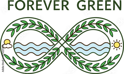Infinity Symbol Forever Green Concept with Leaves and Nature Elements Representing Everlasting Eco Awareness and Sustainability Campaign Illustration