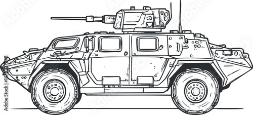 Black and white sketch of a military armored vehicle with mounted gun and four wheels