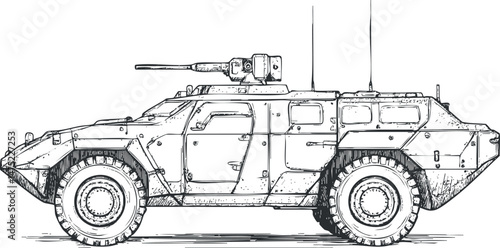 Detailed black and white sketch of an armored military combat vehicle with turret and heavy wheels