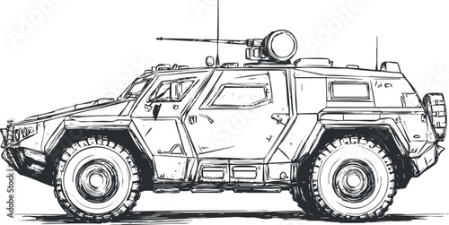 Black and white sketch of a military armored vehicle used for defense and combat operations